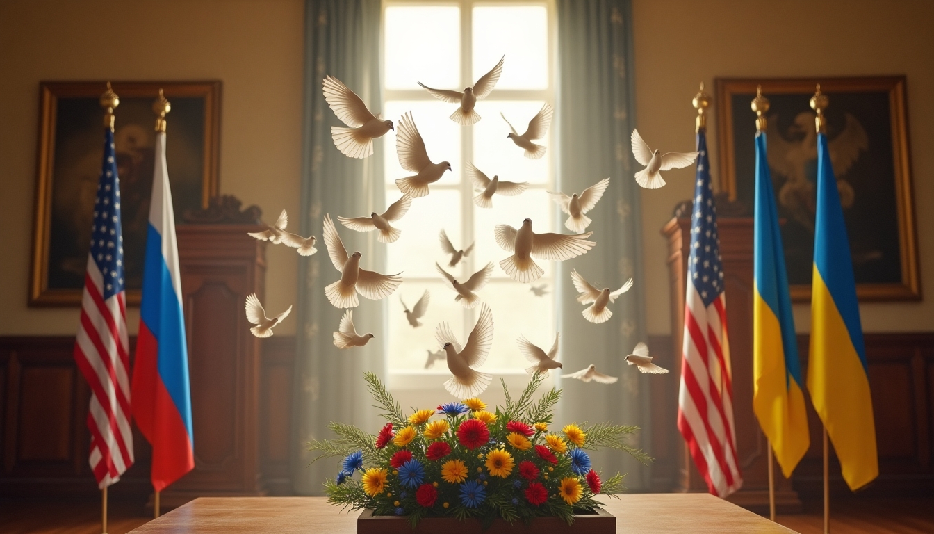 Create a symbolic representation of the Russia-Ukraine peace talks without depicting any persons. The scene should be set in a grand, neutral European hall, symbolizing the international nature of the negotiations. In the center, depict a release of doves, representing peace and hope. Surround the scene with the flags of the U.S., Russia, and Ukraine, indicating the involvement of these nations in the peace process. In the background, include subtle elements like maps of contested regions and ceasefire lines to symbolize the geopolitical tension and the complexity of the situation. The overall atmosphere should convey a sense of diplomacy, tension, and the aspiration for peace.