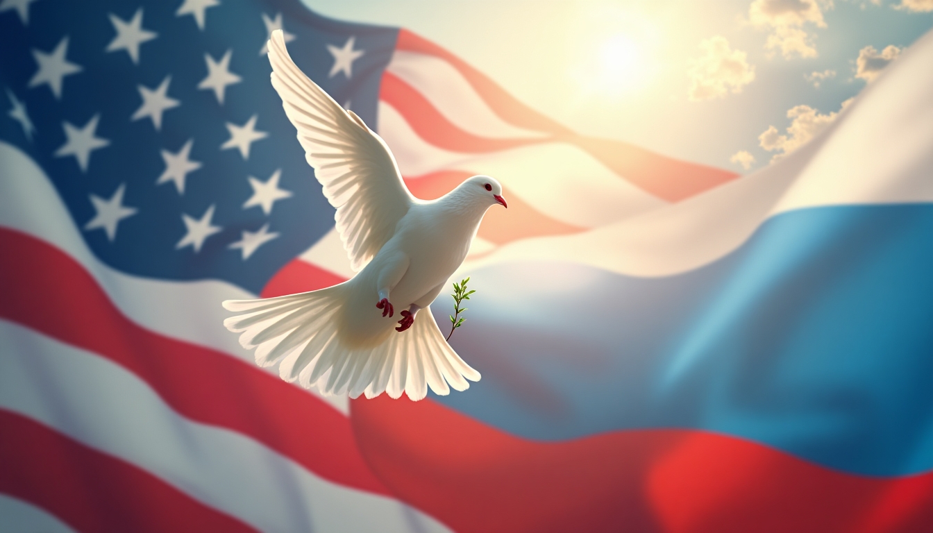 "Design an inspiring image that captures the essence of peace negotiations between the USA and Russia. Inspired by the previous chessboard scene, imagine a majestic white dove with wings outstretched, carrying an olive branch, flying high above a tapestry of the American and Russian flags merged together. Set the scene against a backdrop of a serene, luminous sky where rays of sunlight pierce through dispersing clouds, symbolizing a fresh start and optimism. Let the dove be bathed in a warm, ethereal light, underscoring its significance as a harbinger of peace. The flags should emit a soft, harmonious light, suggesting a shared aspiration for peace. The layout should be lively, with the dove's wings capturing the spirit of liberation and tranquility."