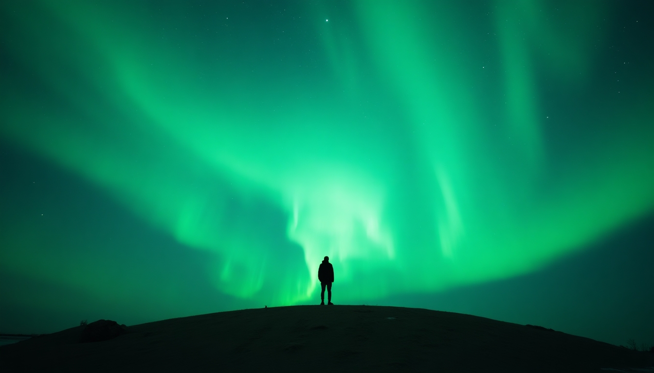 Create a dramatic and awe-inspiring scene of a lone figure standing on a hilltop under a mesmerizing display of the Northern Lights. The sky should be filled with vibrant green auroras that dance and swirl, creating a sense of wonder and mystery. The figure should be silhouetted against the luminous sky, emphasizing solitude and contemplation. The overall mood should evoke a sense of adventure and the sublime beauty of nature