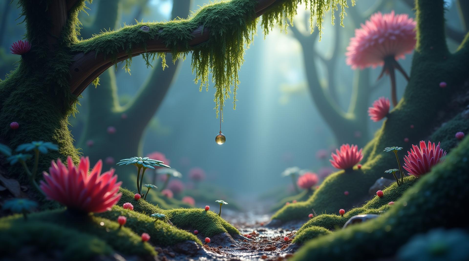 Long shot. general plan An alien forest scene where a drop of transparent liquid falls from the foliage of an extraterrestrial tree. The lush, vibrant colors of the alien vegetation contrast with the clarity of the droplet, creating a captivating visual moment. The atmosphere is mystical and otherworldly, emphasizing the unique beauty of this alien environment, highly detailed, professional photography, 8k resolution, masterpiece, sharp focus, HDR, digital art, in the style of fantasy landscapes, close-up view."