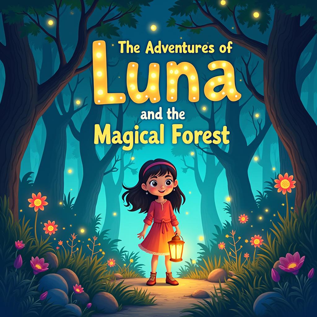 a cover for a children's storybook titled "The Adventures of Luna and the Magical Forest." The cover should feature a young girl, Luna, holding a lantern and standing in a magical forest with glowing plants and friendly creatures. The forest should be rich with details, and the title text should be whimsical and colorful, fitting perfectly with the theme.