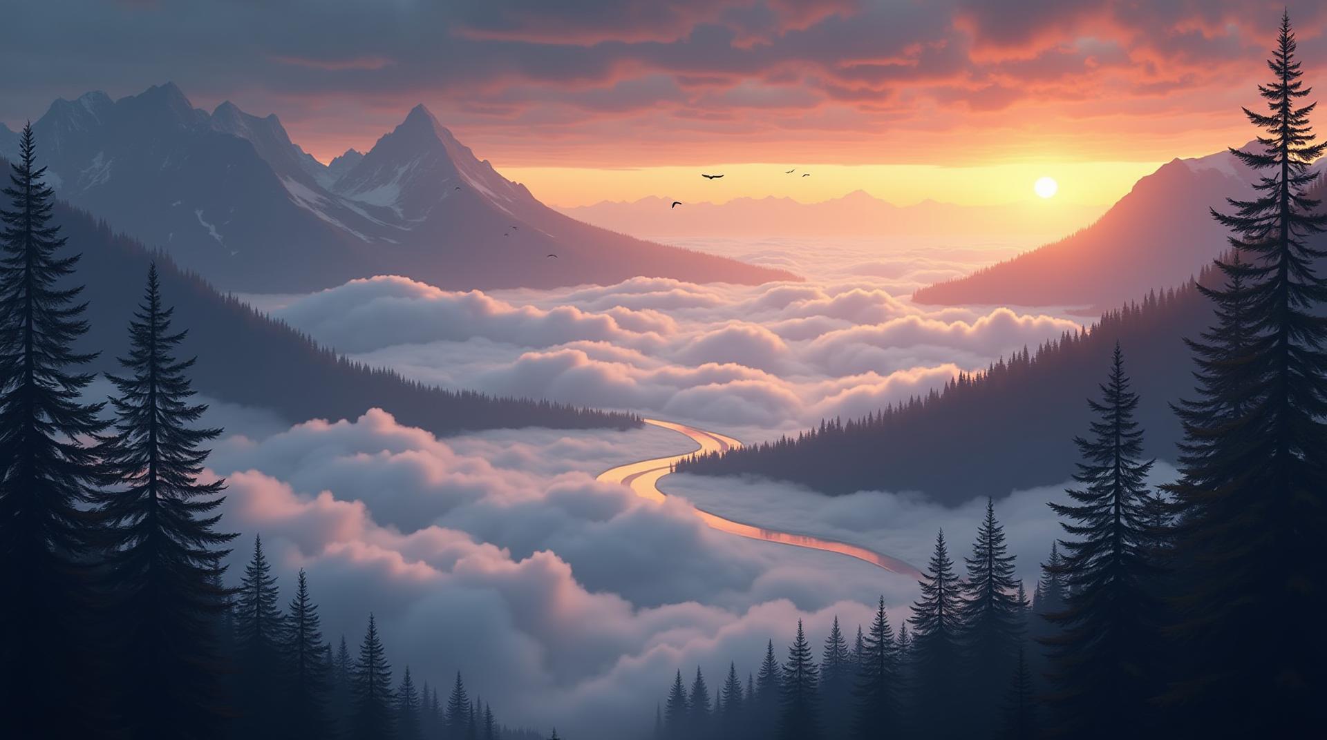 A captivating and rich view of a sea of clouds at dawn, with golden and pink hues glowing from the first light of sunrise. The clouds are thick, layered, and fluffy, resembling waves in a serene ocean. Majestic mountains and lush green forests peek through the cloud layer, while a winding river shines faintly below. In the foreground, there are silhouettes of tall pine trees framing the view. Birds gracefully glide through the air, adding motion and life to the scene. The sky transitions from deep blue to vibrant orange and pink, creating a vivid and tranquil atmosphere.