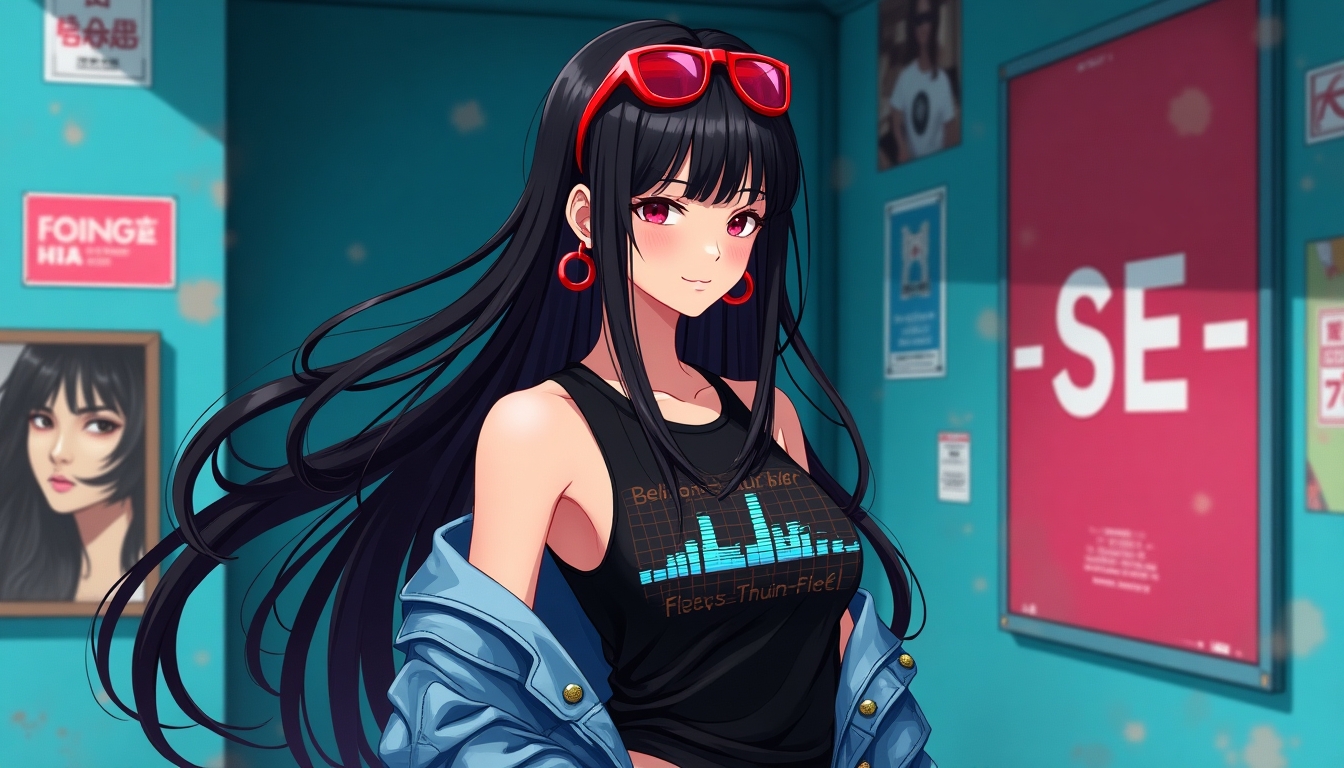 Create an image of a stylish, modern anime style young woman with long, flowing black hair, adorned with red sunglasses on her head and red earrings. She is wearing a black tank top with a futuristic sound wave design on it, and an off-shoulder denim jacket. The background is a vibrant, urban setting with blue walls and various posters, one prominently featuring the letters "SE". The overall style should be cyberpunk with a touch of realism, emphasizing the contrast between the character and the gritty urban environment.