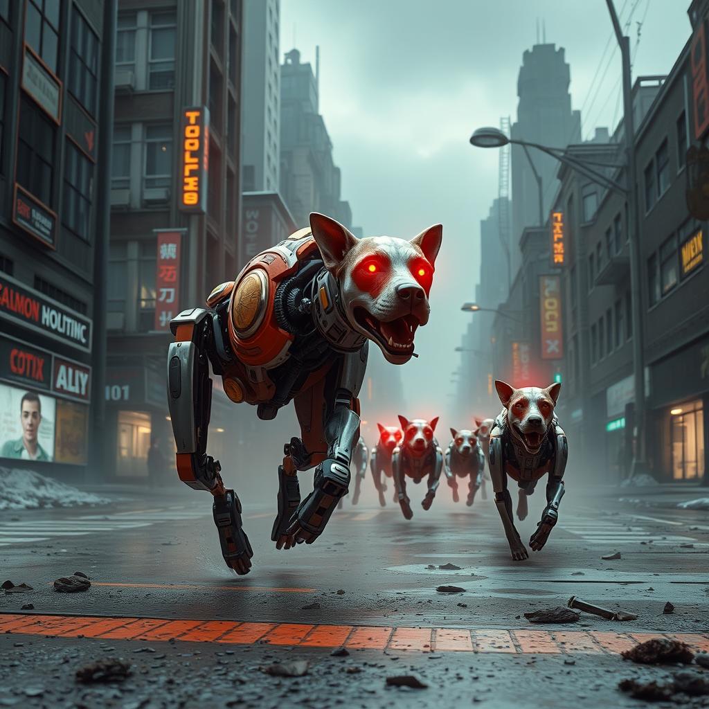 futuristic robot - dog run on post-apocalyptic city 