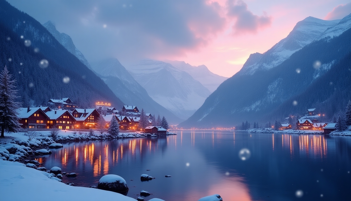 Create a stock image of a magical winter village nestled bet... - Flux ...