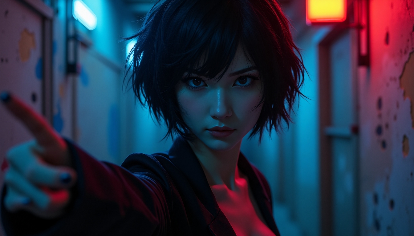 
Create an image of a mysterious anime style woman with short, tousled black hair, bathed in dramatic blue and red neon lighting. Her expression should be enigmatic, with a hint of intensity, as she extends one arm out, creating a dynamic pose. The background should be a gritty, urban setting with peeling paint, enhancing the contrast between her and the environment. The lighting should emphasize her features and create a sense of depth and moodiness.