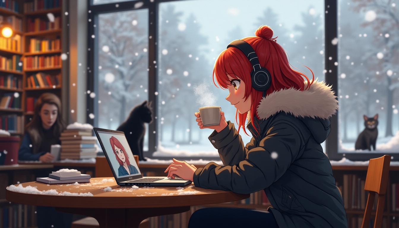 Create an image of a cozy winter scene inside a warmly lit library. A young anime-style woman with red hair, wearing large headphones and a fur-lined parka, is sitting at a table working on her laptop. She is sipping hot coffee, with steam visibly rising from the cup. The laptop screen shows a video call with friends. Snow is gently falling outside the large window, where a black cat is sitting on the windowsill, looking out. In the background, there are a few people reading books. The atmosphere is serene and focused, highlighting the contrast between the warm interior and the cold, snowy exterior.