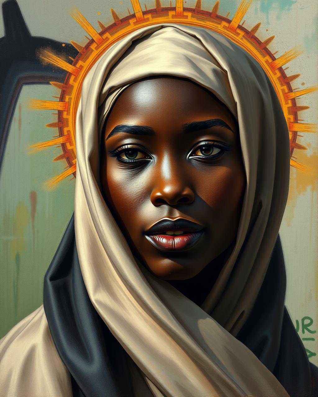 Realistic portrait of a dark-skinned African woman wearing a satin veil over her head. In the background, a street art halo surrounds the woman's head.