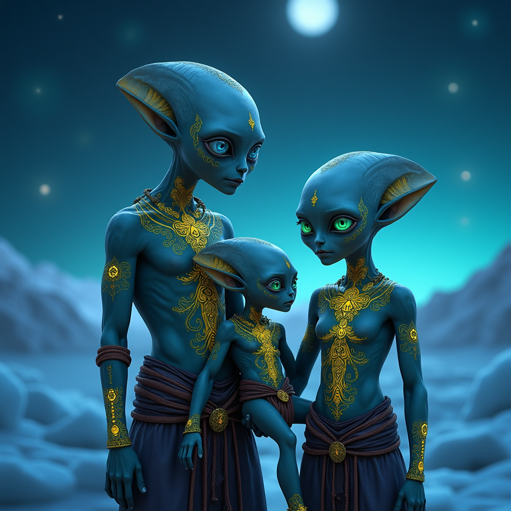 A photorealistic image of a light-skinned, hairless alien family with large, piercing light-blue eyes. The father, mother, and child are adorned in intricate yellow indigenous tattoos and traditional clothing, standing under the intense glowing biolumenscent limes, purples, spiral swirls night skies moonlight night in the icey, frozen alien home landscape