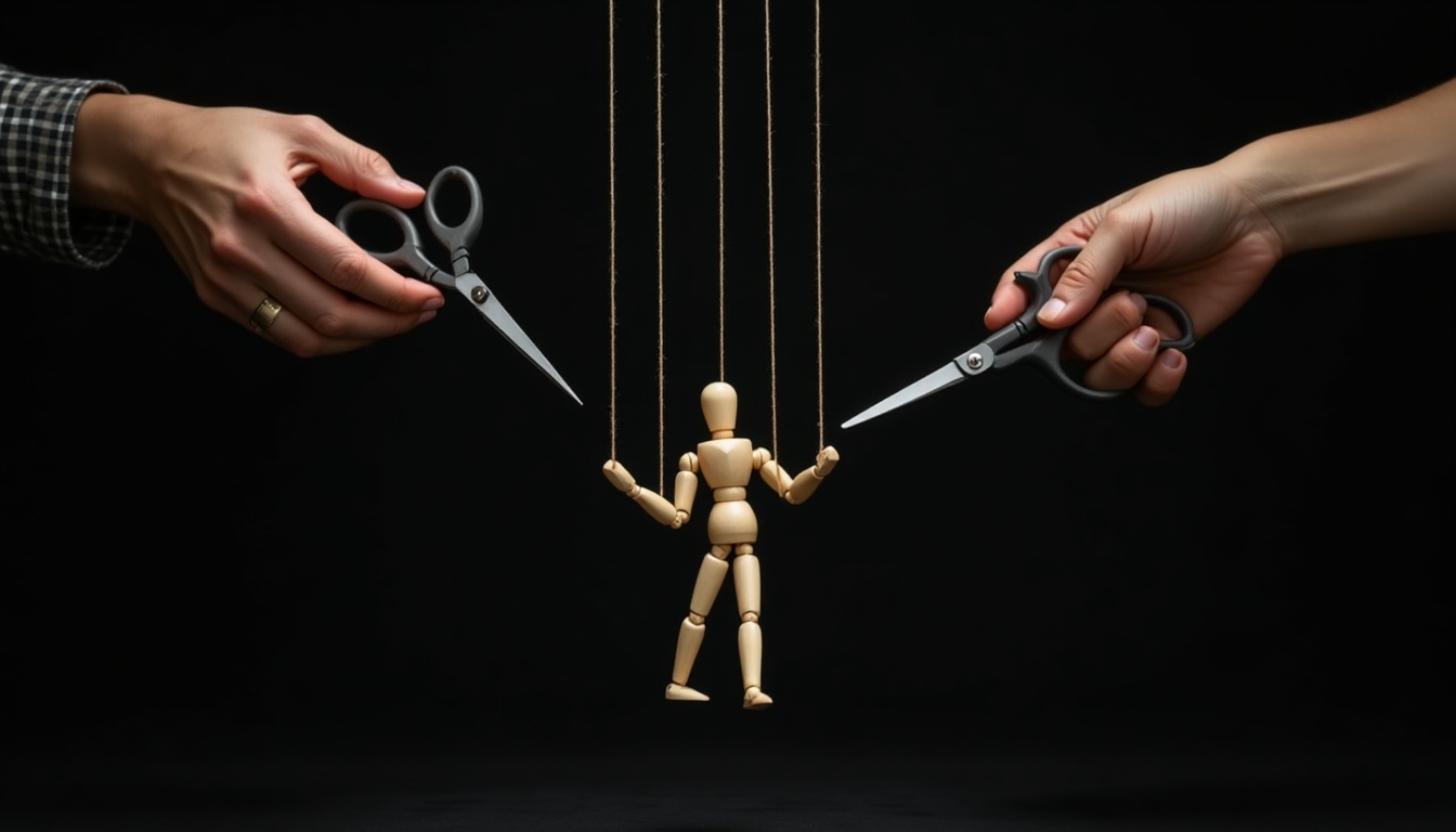 Create an image that metaphorically represents the fragility of control and dependency. Show a pair of hands, one holding a pair of scissors and the other holding three strings attached to a wooden puppet. The puppet should look distressed as if it's about to lose support. Use dramatic lighting to emphasize the tension and the imminent cut of the strings. The background should be dark to enhance the focus on the action.