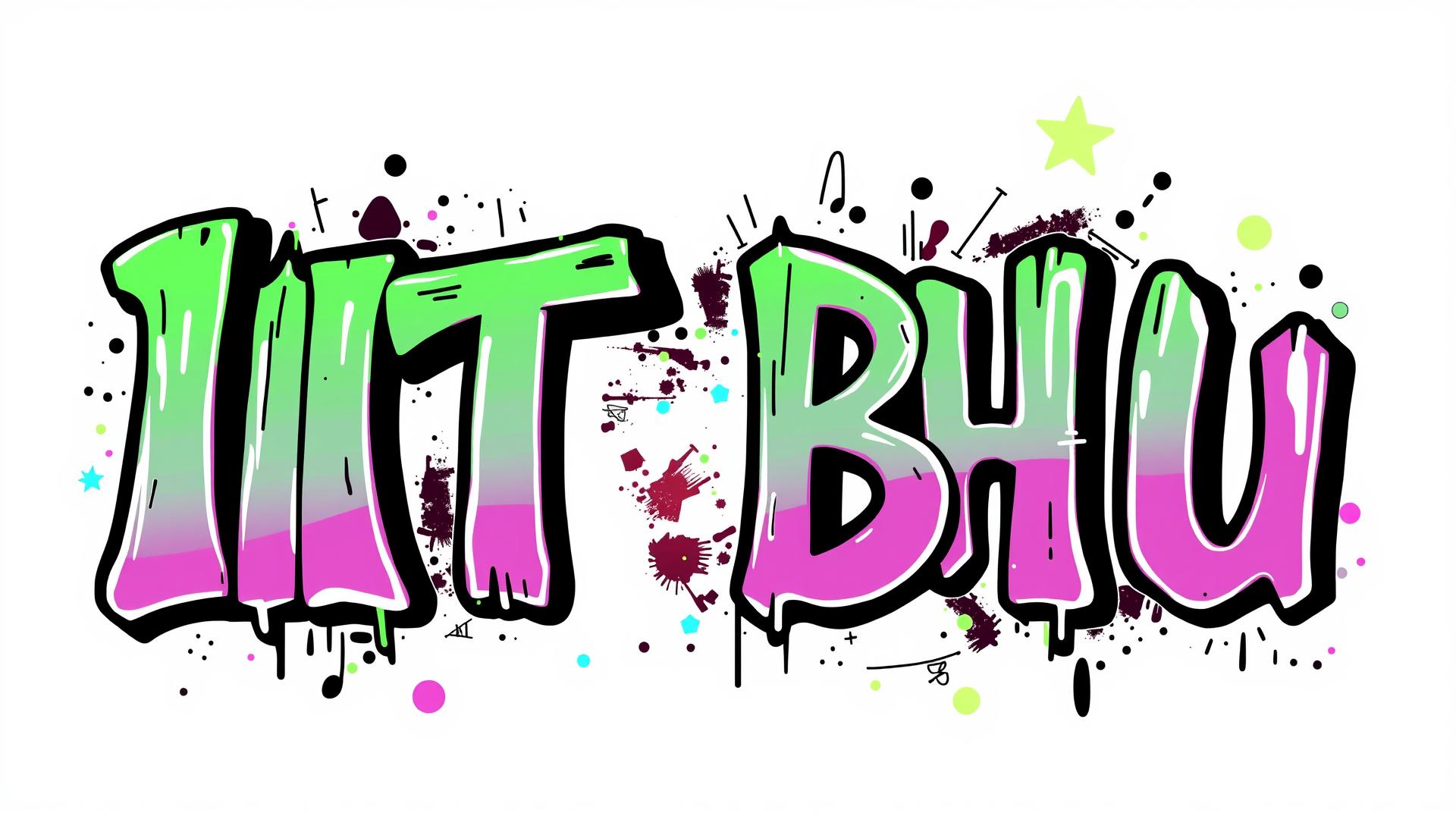 
Create a core graffiti-style design with "IIT BHU" in bold, dynamic lettering. The text should have a funky, playful vibe, incorporating exaggerated curves, sharp angles, and a mix of uneven, hand-drawn shapes to reflect the chaotic nature of street art. Use a combination of neon greens, pinks, purples, and electric blues with spray paint drips, splatters, and bold outlines to create a raw, energetic feel. Add funky tags, doodles, and abstract background elements like paint smears, stars, and squiggly lines for a fun, non-serious look. The design should reflect a rebellious, carefree, and funky aesthetic, staying true to the core graffiti style with an emphasis on artistic freedom and urban culture.