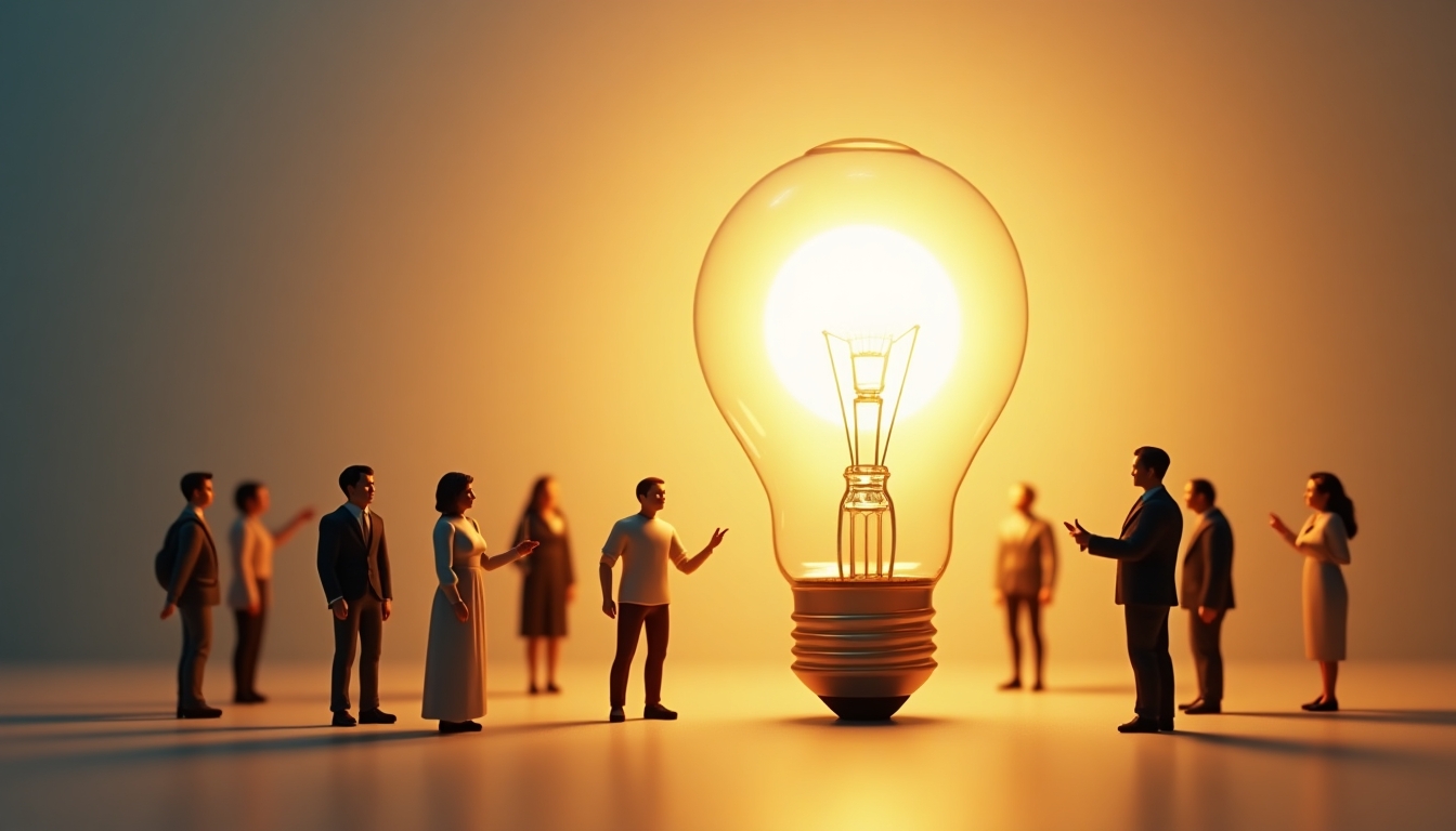 Create an image that depicts a group of miniature people standing around a giant, glowing light bulb. The scene should convey a sense of teamwork and innovation. The light bulb should be the focal point, with a warm, bright glow emanating from it. The miniature people should be diverse in appearance, engaging with the light bulb in various ways, such as pointing at it, discussing, or looking at it with awe. The background should be slightly blurred to emphasize the light bulb and the people interacting with it. Use a soft, warm color palette to enhance the feeling of inspiration and creativity.