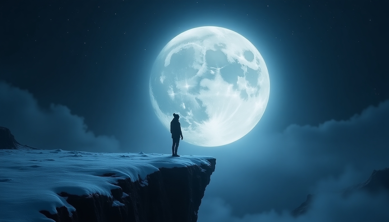 "Create an image of a person standing on the edge of a snow-covered cliff, gazing at a massive, luminous full moon that dominates the night sky. The moon should have intricate details with visible craters and a glowing aura around it. The scene should evoke a sense of awe and solitude, with the person appearing small compared to the grandeur of the moon. The background should feature a dark, starry sky with some clouds adding depth to the scene. The overall atmosphere should be mysterious and serene, highlighting the contrast between the human figure and the cosmic moon