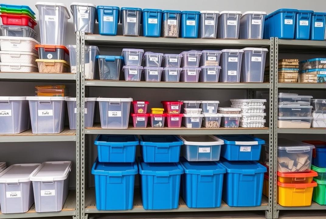 . Shelving Unit: A shelving unit with labeled bins and containers.;