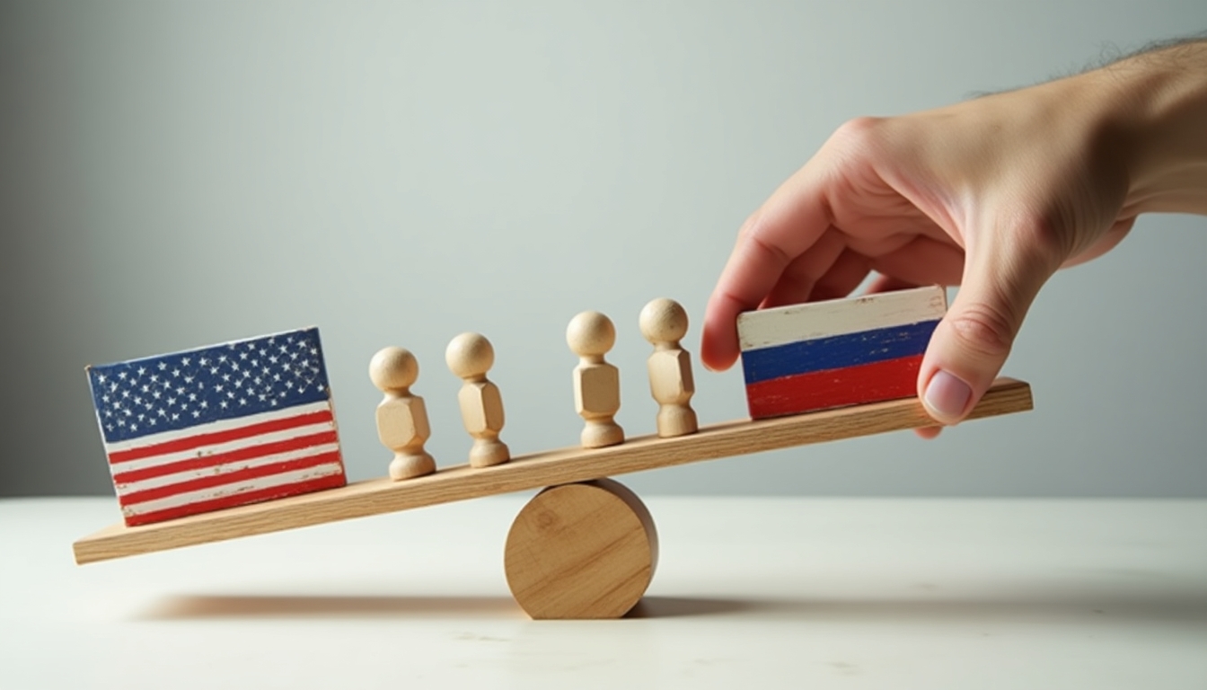 Create an impactful image depicting the geopolitical balance between the United States and Russia, symbolized by a wooden seesaw. On one side, place wooden figures representing the American population under the American flag, and on the other side, place wooden figures representing the Russian population under the Russian flag. A large hand should be shown pressing down on the Russian side, illustrating the influence or pressure exerted. The background should be neutral, focusing attention on the seesaw and the flags. Ensure the image conveys tension, balance, and the concept of power dynamics in international relations.
