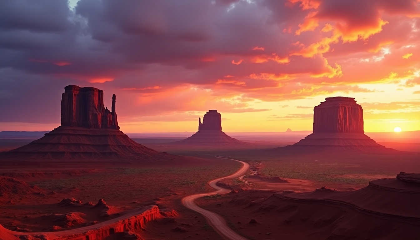 Create an image of a majestic desert landscape with towering rock formations at sunset. The scene should feature dramatic, vibrant colors in the sky ranging from deep purples to bright oranges, casting a warm glow on the red sandstone formations. The rock formations should be detailed, with sharp edges and varied textures, standing prominently against the horizon. The perspective should be from a high vantage point, emphasizing the grandeur and scale of the landscape. Add subtle shadows to enhance the depth and make the scene feel alive with the setting sun.