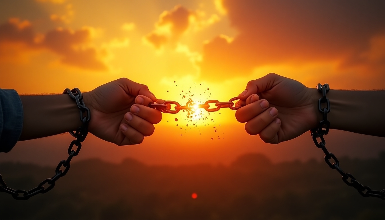  Create a powerful and symbolic image of human liberation. Depict two hands reaching towards each other against a dramatic sunset backdrop. The hands should be shackled with heavy chains, but the chains are breaking apart in the middle, with the broken links turning into particles that blend into the light of the setting sun. The hands should convey a sense of struggle turning into freedom, with light rays piercing through the broken chains, emphasizing hope and transformation.