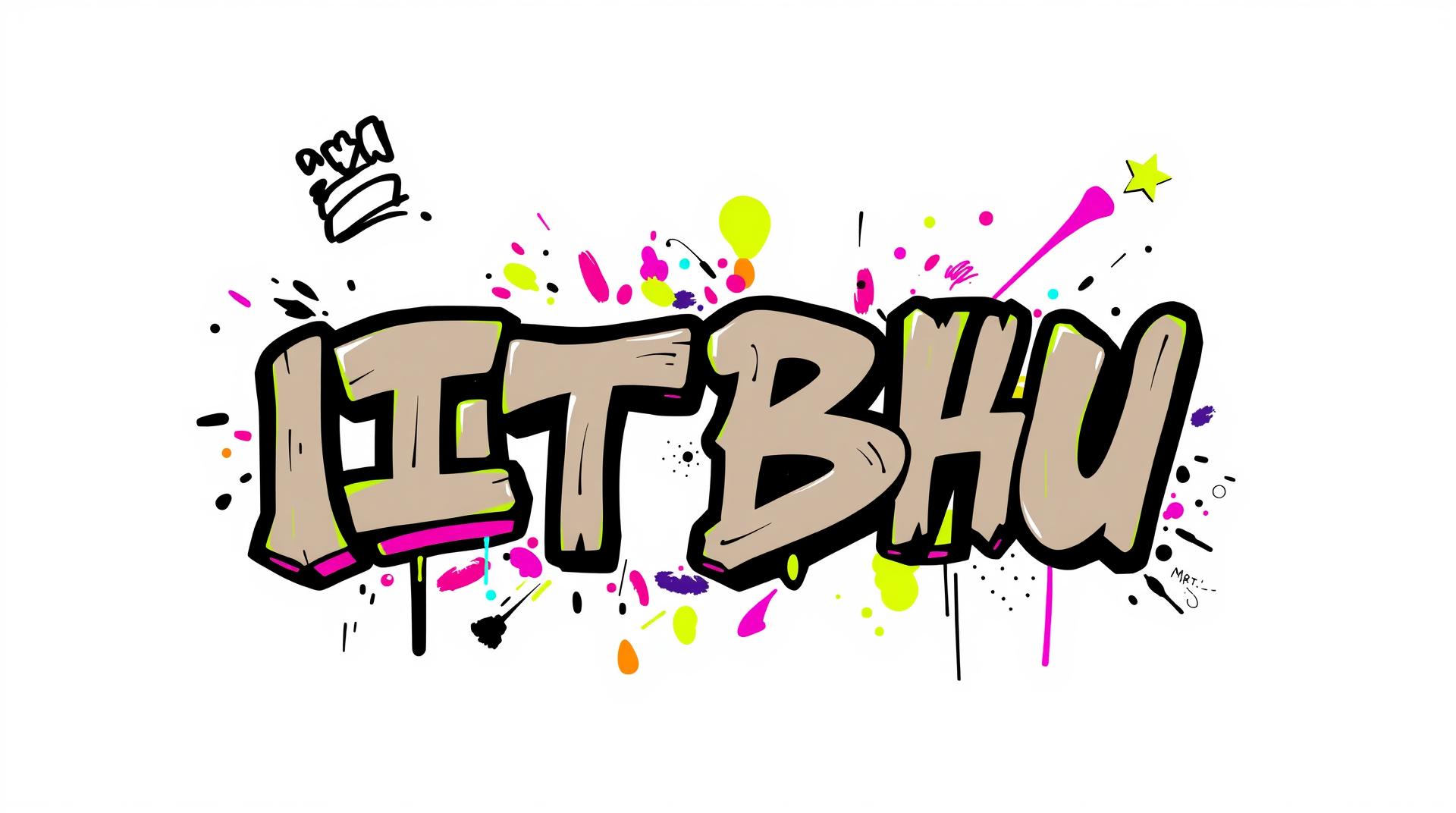 
Create a core graffiti-style design with "IIT BHU" in bold, dynamic lettering. The text should have a funky, playful vibe, incorporating exaggerated curves, sharp angles, and a mix of uneven, hand-drawn shapes to reflect the chaotic nature of street art. Use a combination of neon greens, pinks, purples, and electric blues with spray paint drips, splatters, and bold outlines to create a raw, energetic feel. Add funky tags, doodles, and abstract background elements like paint smears, stars, and squiggly lines for a fun, non-serious look. The design should reflect a rebellious, carefree, and funky aesthetic, staying true to the core graffiti style with an emphasis on artistic freedom and urban culture.