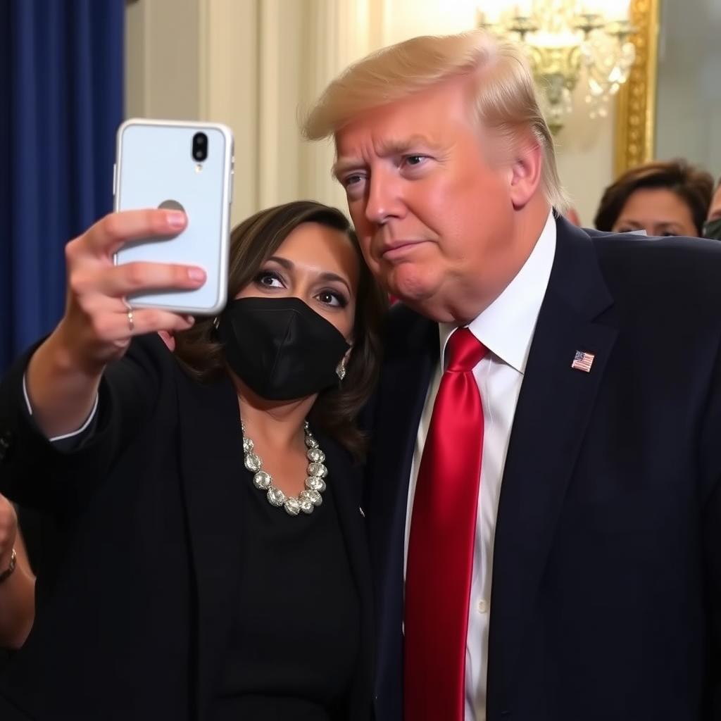 Kamala Harris and Donald Trump taking a selfie together.