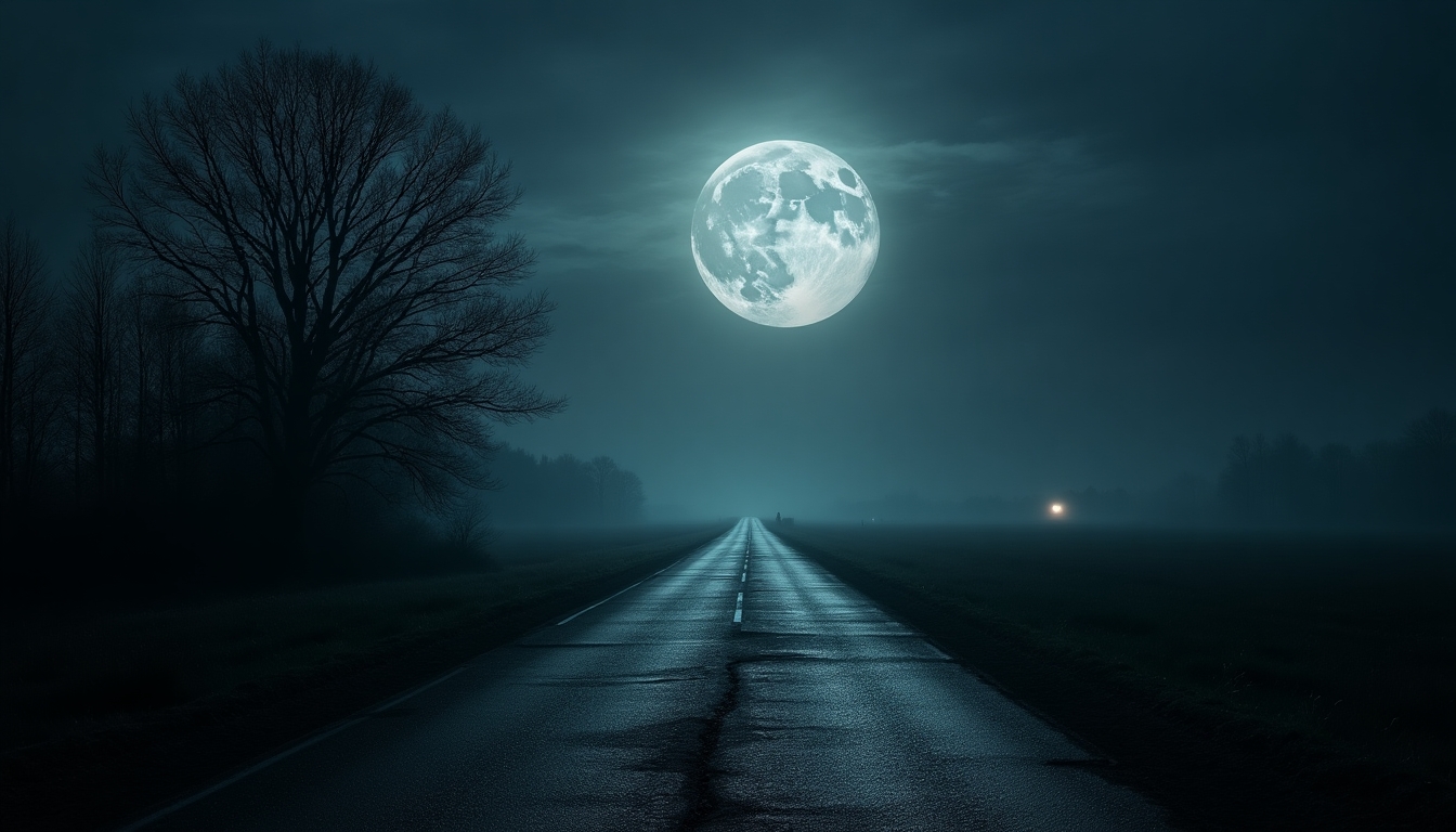  "Create a hauntingly beautiful scene of a desolate, moonlit road under a full moon. The road should be cracked and weathered, stretching into a misty horizon. Surround it with barren, leafless trees casting eerie shadows. The sky should be dark with subtle clouds, and the moon should be large and luminous, casting a silver glow over the landscape. In the distance, add a faint, mysterious light source that adds to the intrigue. Ensure the atmosphere is both melancholic and mesmerizing