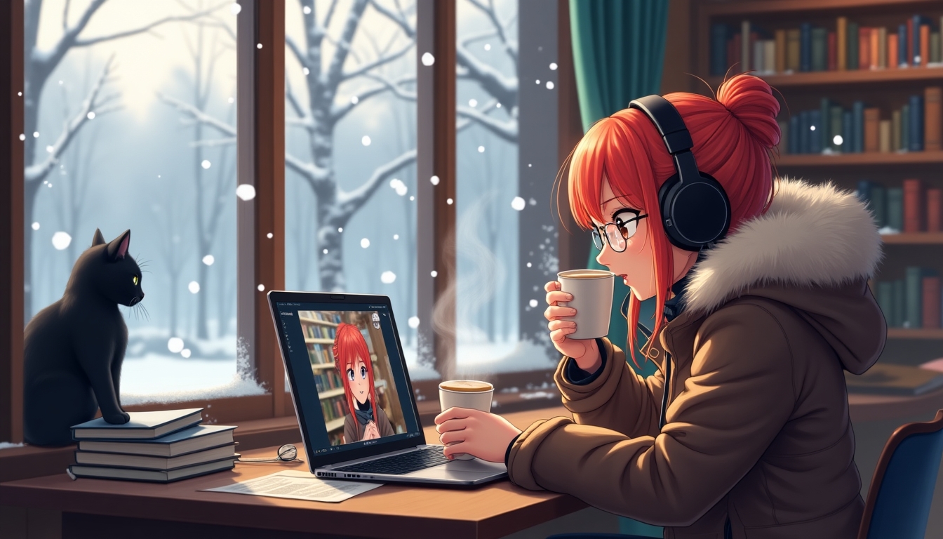 Create an image of a cozy winter scene inside a warmly lit library. A young anime-style woman with red hair, wearing large headphones and a fur-lined parka, is sitting at a table working on her laptop. She is sipping hot coffee, with steam visibly rising from the cup. The laptop screen shows a video call with friends. Snow is gently falling outside the large window, where a black cat is sitting on the windowsill, looking out. In the background, there are a few people reading books. The atmosphere is serene and focused, highlighting the contrast between the warm interior and the cold, snowy exterior.