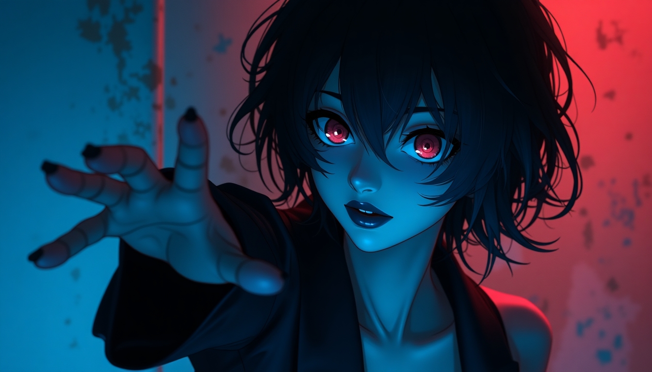 
Create an image of a mysterious anime-style woman with short, tousled black hair, bathed in dramatic blue and red neon lighting. Her expression should be enigmatic, with a hint of intensity, as she extends one arm out, creating a dynamic pose. The background should be a gritty, urban setting with peeling paint, enhancing the contrast between her and the environment. The lighting should emphasize her features and create a sense of depth and moodiness.