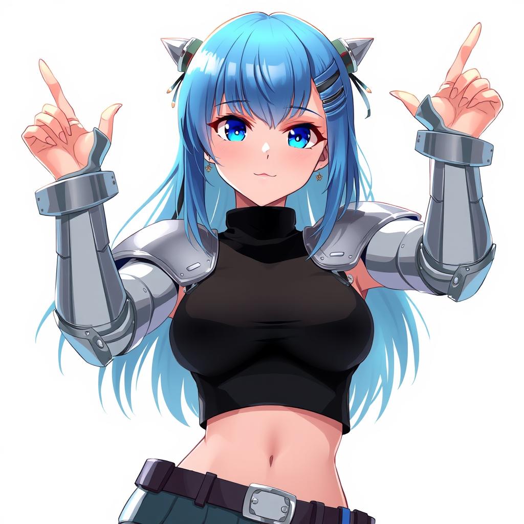 A stylish blue-haired woman with silver metal plates covering her arms and torso. anime, digital art