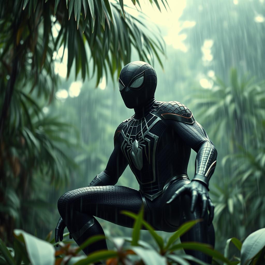 a cinematic scene in 1985, wide distant shot of black spider-man, black suit, jungle, heavy rainfall, captured by Canon EOS 5D Mark IV, directed by Ridley Scott