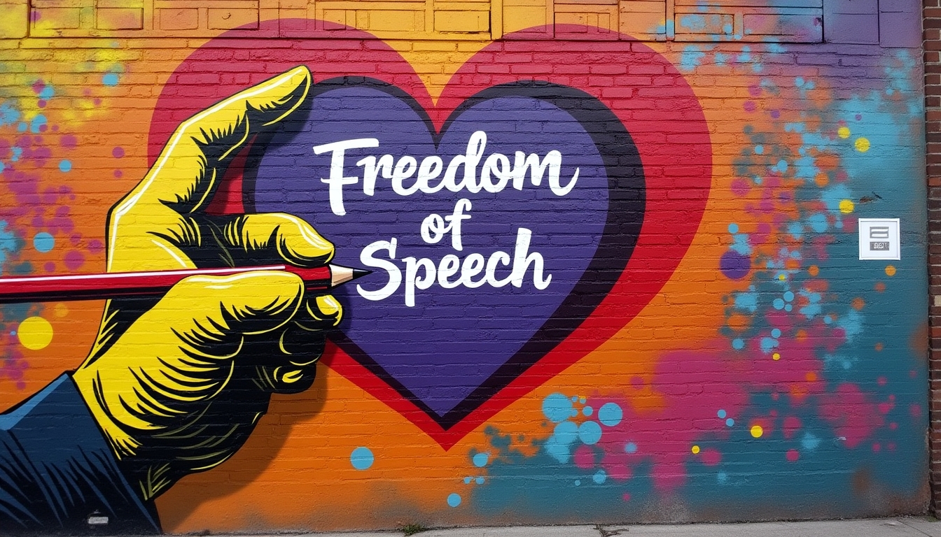 Create a vibrant and impactful street art mural that emphasizes the theme of freedom of speech. The mural should feature a large hand holding a pencil, drawing a heart with the words "Freedom of Speech" inside it. The background should be a textured brick wall with splashes of various colors to add depth and dynamism. The hand should be in bold, contrasting colors like yellow and black, with the pencil being a striking red. The heart should be purple with white text, creating a strong visual contrast. Ensure the overall style is bold and eye-catching, capturing the essence of street art.