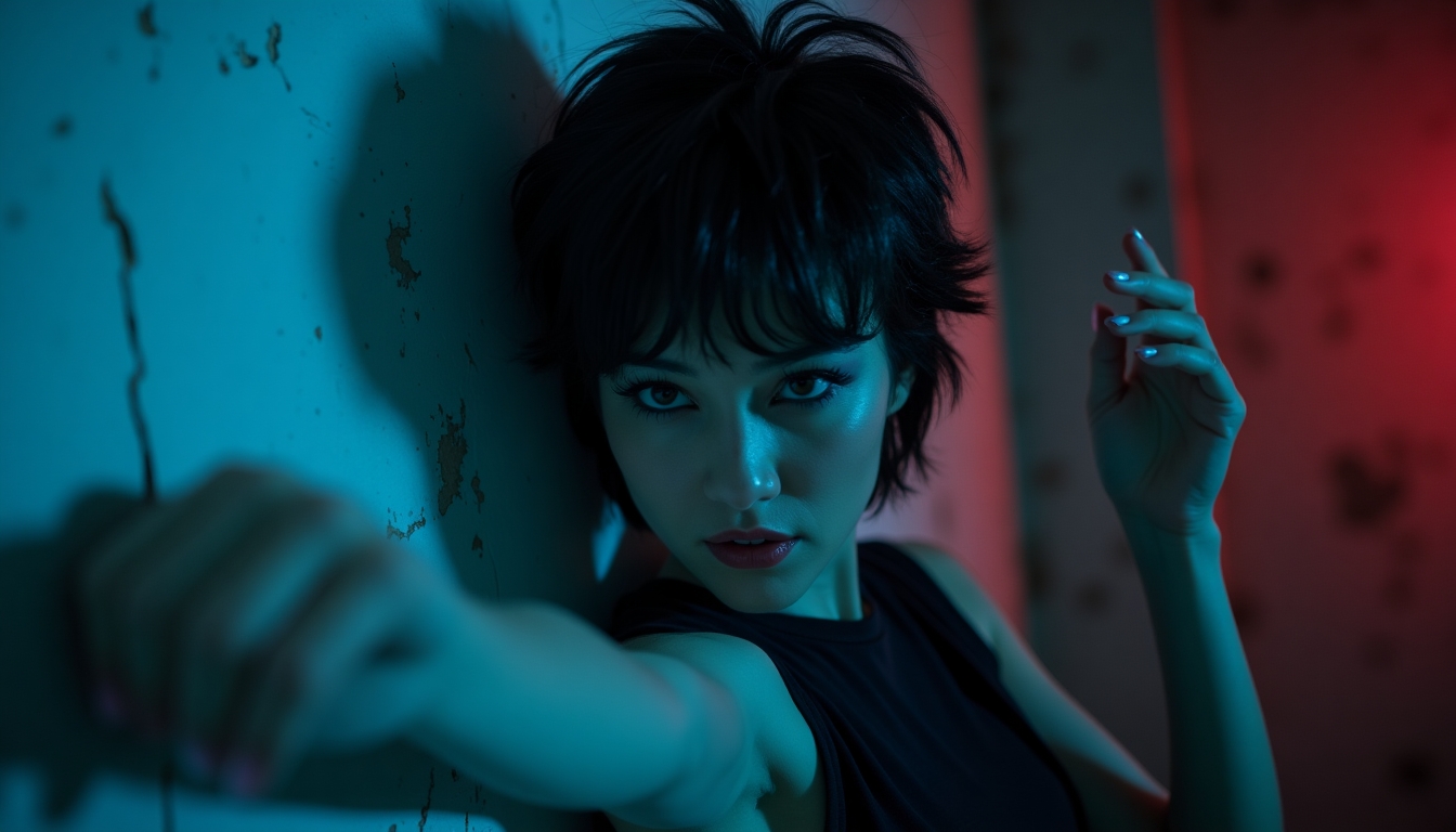 
"Create an image of a mysterious woman with short, tousled black hair, bathed in dramatic blue and red neon lighting. Her expression should be enigmatic, with a hint of intensity, as she extends one arm out, creating a dynamic pose. The background should be a gritty, urban setting with peeling paint, enhancing the contrast between her and the environment. The lighting should emphasize her features and create a sense of depth and moodiness.