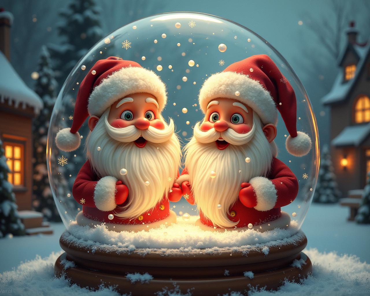 Create a captivating image of two Santa Clauses, with face of SNOW1, inside a beautifully detailed snow globe. The scene is set against a cozy winter backdrop, featuring a quaint village with softly glowing windows and snow-covered rooftops. The composition should center on the two Santas, one jovial and the other playfully mischievous, both adorned in traditional red suits with fluffy white trim. Use warm, inviting lighting to illuminate their faces, casting soft shadows that enhance their expressions.

The color palette should feature rich reds, deep greens, and crisp whites, evoking a festive spirit. Employ a realistic painting style, emphasizing the intricate textures of the Santas' beards and the sparkling snowflakes swirling around them. The atmosphere should be magical and nostalgic, with a gentle motion of falling snow creating a sense of wonder. Aim for high-resolution quality, ensuring every detail is sharp and vibrant, suitable for a holiday card or decoration.