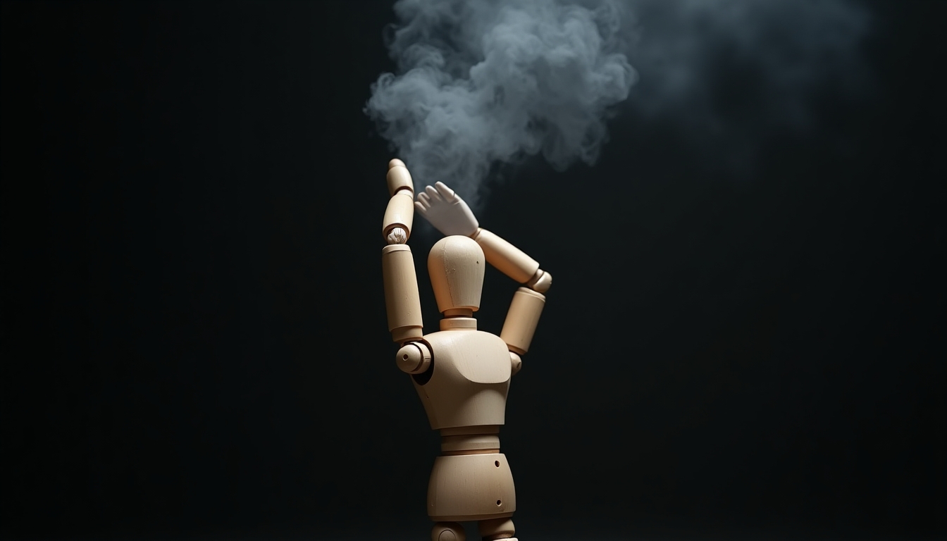  Create a dramatic and thought-provoking image of a wooden mannequin lifting its head off, revealing smoke or mist coming out from within. The background should be dark to highlight the contrast between the mannequin and the mist, adding a sense of mystery and intrigue. The mannequin should be positioned slightly off-center, with a spotlight effect illuminating it from one side to create shadows that enhance the mood. The overall tone should be surreal and artistic, suggesting themes of consciousness, inner thoughts, or the release of ideas.