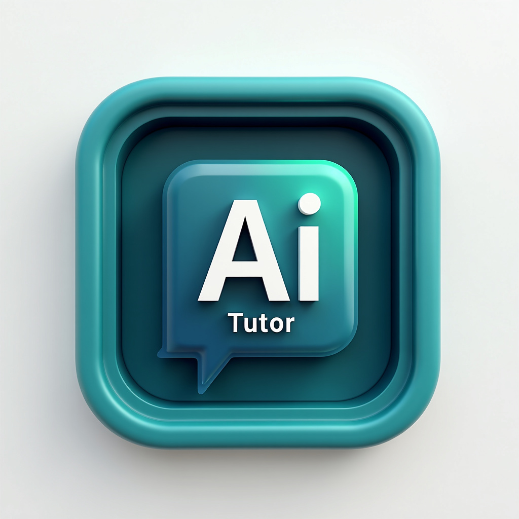 Create a 4K resolution logo for an educational platform named "AI Tutor". The design should feature a central rounded square with a 3D effect, appearing as if it slightly pops out of the screen. The square should have a gradient border transitioning smoothly from deep teal at the inner edges to a lighter aqua on the outer edges, giving it depth and a polished modern appearance. The interior of the square should be filled with a rich, deep navy blue color, creating a sense of solidity and depth.

Inside the square, place a bold, clear speech bubble icon with a smooth gradient fill that starts with a light sky blue at the top and transitions to a darker teal at the bottom, enhancing the 3D look. Inside this speech bubble, display the letters "AI" in a large, bold, white sans-serif font, with a subtle shadow effect to create depth. Below the speech bubble, add the word "Tutor" in a clean, sans-serif font, in a bright aqua or light blue color, also with a slight shadow to emphasize the 3D effect.

The entire logo should have a subtle 3D appearance, as if the elements are slightly raised above the background, casting soft shadows to enhance the depth effect. The background around the square should be pure white to create a sharp contrast, drawing attention to the central logo. Ensure the image is crisp, with high-resolution details, vibrant colors, and a visually appealing 3D effect that stands out, making it perfect for use on any digital platform.