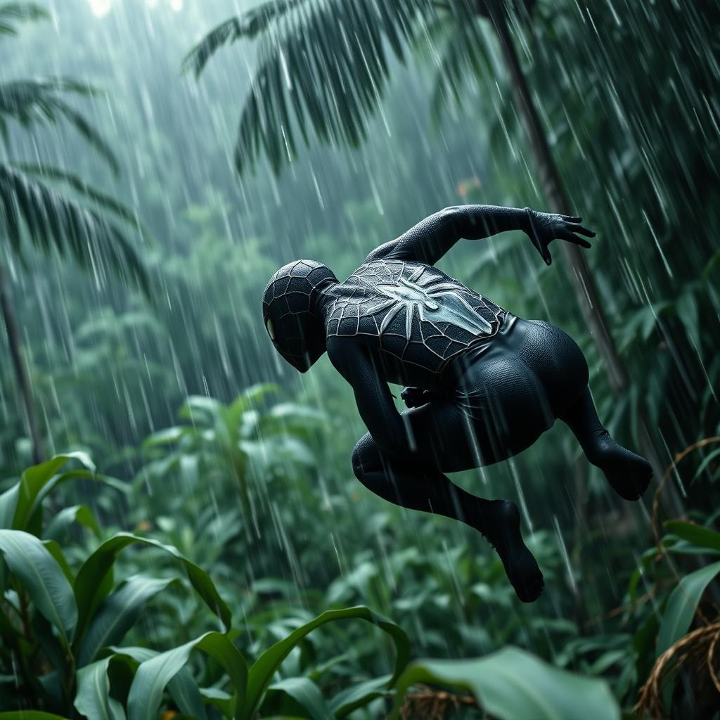 a cinematic scene in 1985, wide distant shot of black spider-man, black suit, jungle, heavy rainfall, captured by Canon EOS 5D Mark IV, directed by Ridley Scott