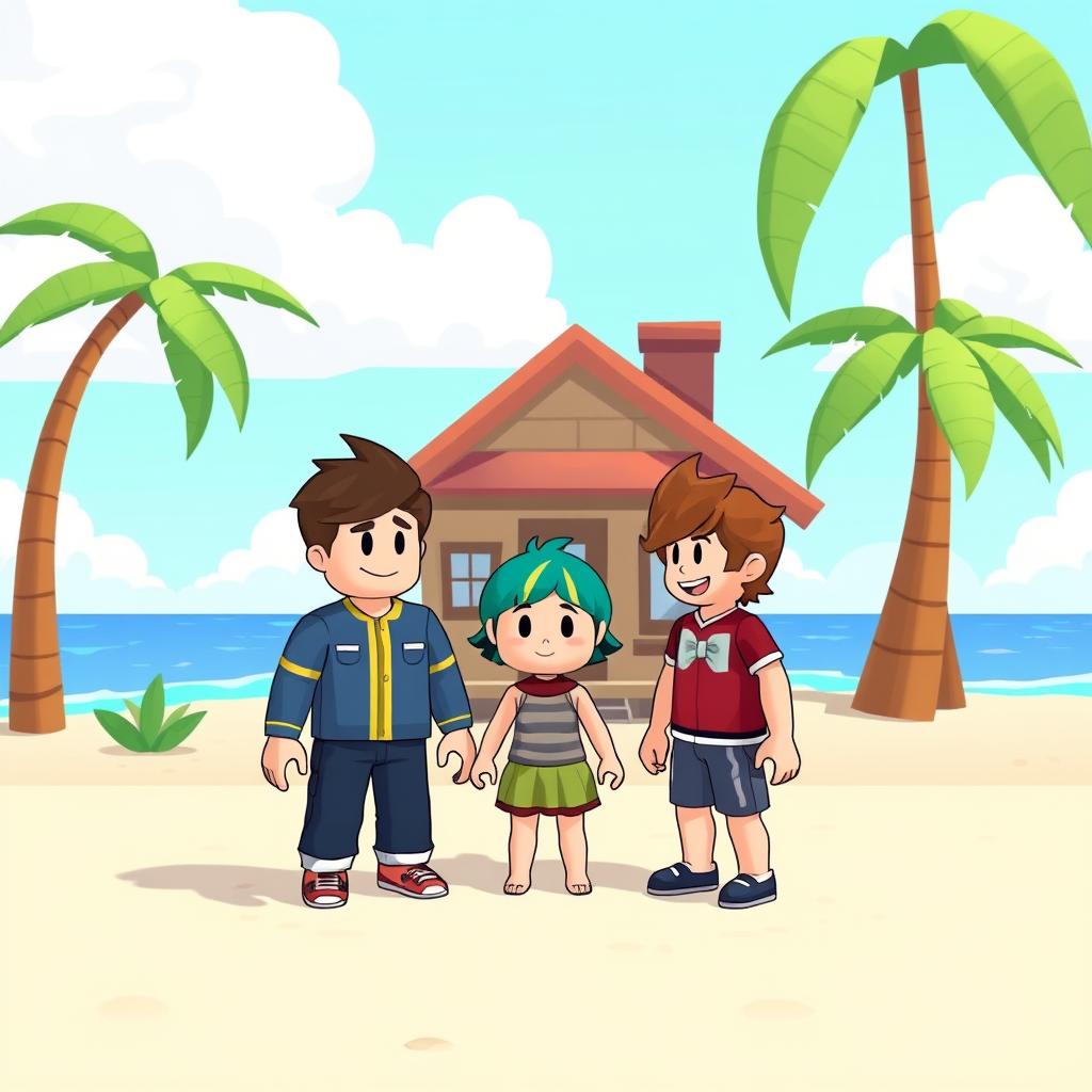 A thumbnail for a roblox game in a 2d cartoony style, the game is a roblox rendition of animal crossing and borrows elements of that style, two players and one NPC are standing on the beach, in front of a small house