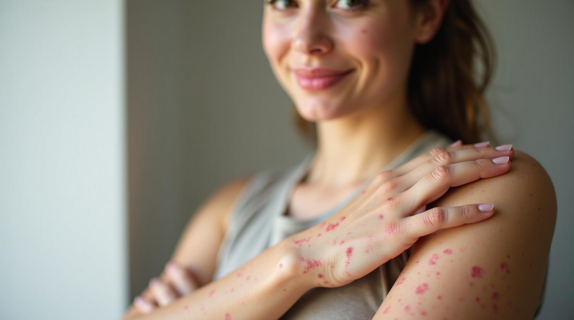 "A realistic close-up of a young woman showing her arm with a mild case of atopic dermatitis. Her skin has slight redness, fine flaking, and thin scabs in localized patches, depicting the early stage of eczema. The background is softly blurred to keep the focus on the arm. The woman appears calm and confident, wearing a neutral-toned top, with natural lighting highlighting the texture of her skin. The image should have a clinical yet empathetic tone, emphasizing the skin condition clearly but respectfully."