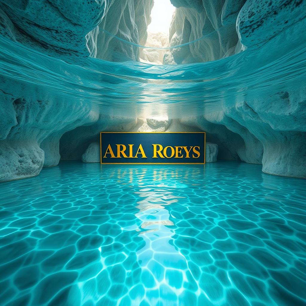 Raw photography 4D, extremely detailed and realistic of A natural turquoise-colored, clear body of water fills a cave-like passageway. The water's surface is textured with shimmering patterns of deep light and reflections, creating an abstract design. The walls with sign elegant golden text "ARIA ROEYS" on board of the cave are light gray, beige, and white rock formations, with varying textures and shapes. Light streams into the passage from an opening at the top center, highlighting the water's intricate patterns and the cave's interior. The perspective is from slightly below the water's surface, looking directly into the passage. The composition is symmetrical, emphasizing the depth and beauty of the underwater beautiful environment. The atmosphere is serene and tranquil, evoking a sense of wonder and natural beauty.  The overall style is photographic, showcasing the clarity and detail of the natural scene.