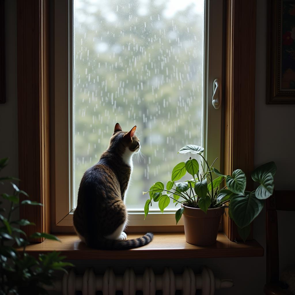 A cat looking out the window of a cozy living room on a rainy day.