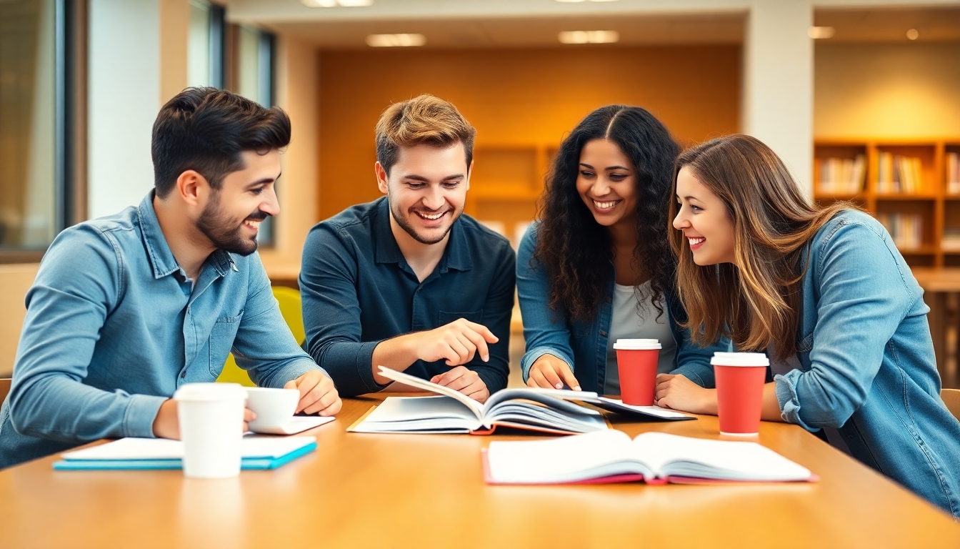 A group of four young adults studying together at a table in a bright, modern classroom or library. They are smiling and engaged, with one person pointing at a book while discussing it with a person next to them. The group includes two men and two women, all casually dressed, with books, notebooks, and coffee cups on the table. The atmosphere is friendly and collaborative, with warm lighting and a soft, out-of-focus background that adds depth to the image.