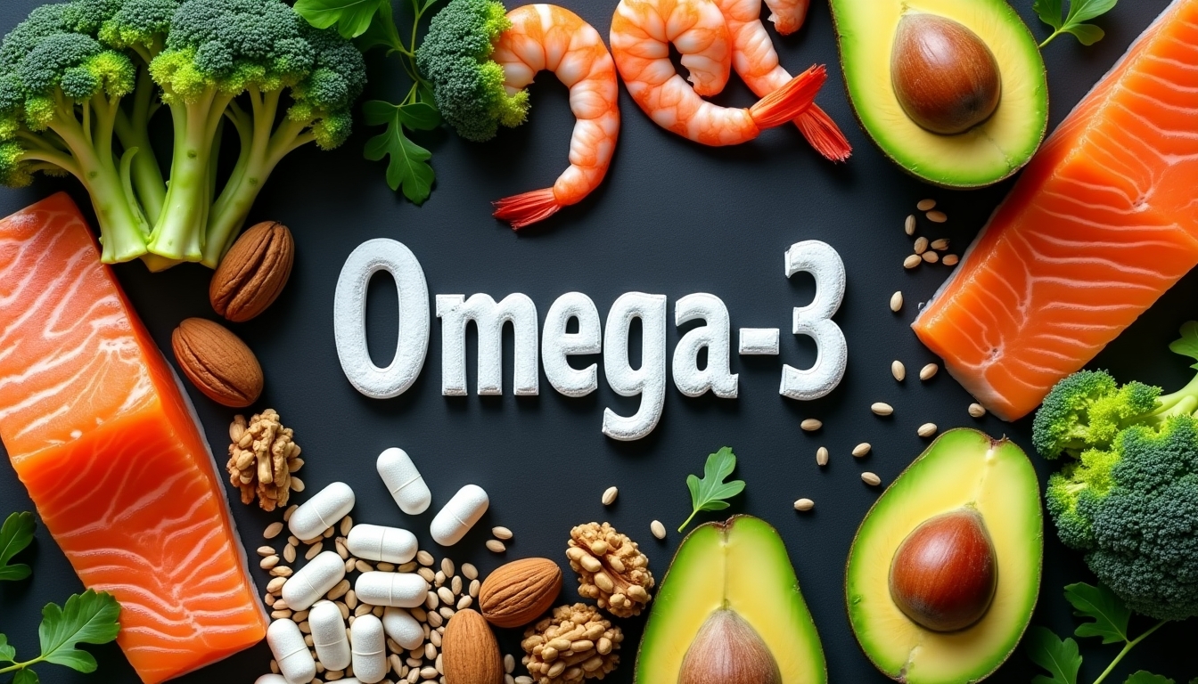 Create a visually striking image showcasing a variety of Omega-3 rich foods. The central focus should be a bold, white text on a blackboard that reads "Omega-3". Surround the text with an array of foods including fresh salmon, shrimp, mackerel, sardines, avocado, walnuts, almonds, flaxseeds, chia seeds, olive oil, and leafy greens like broccoli. Ensure the foods are vibrant and fresh, with a clean, natural background to emphasize the health benefits. Include Omega-3 supplement capsules to highlight the supplement aspect. The layout should be organized and appealing, with each food item clearly visible and identifiable.
