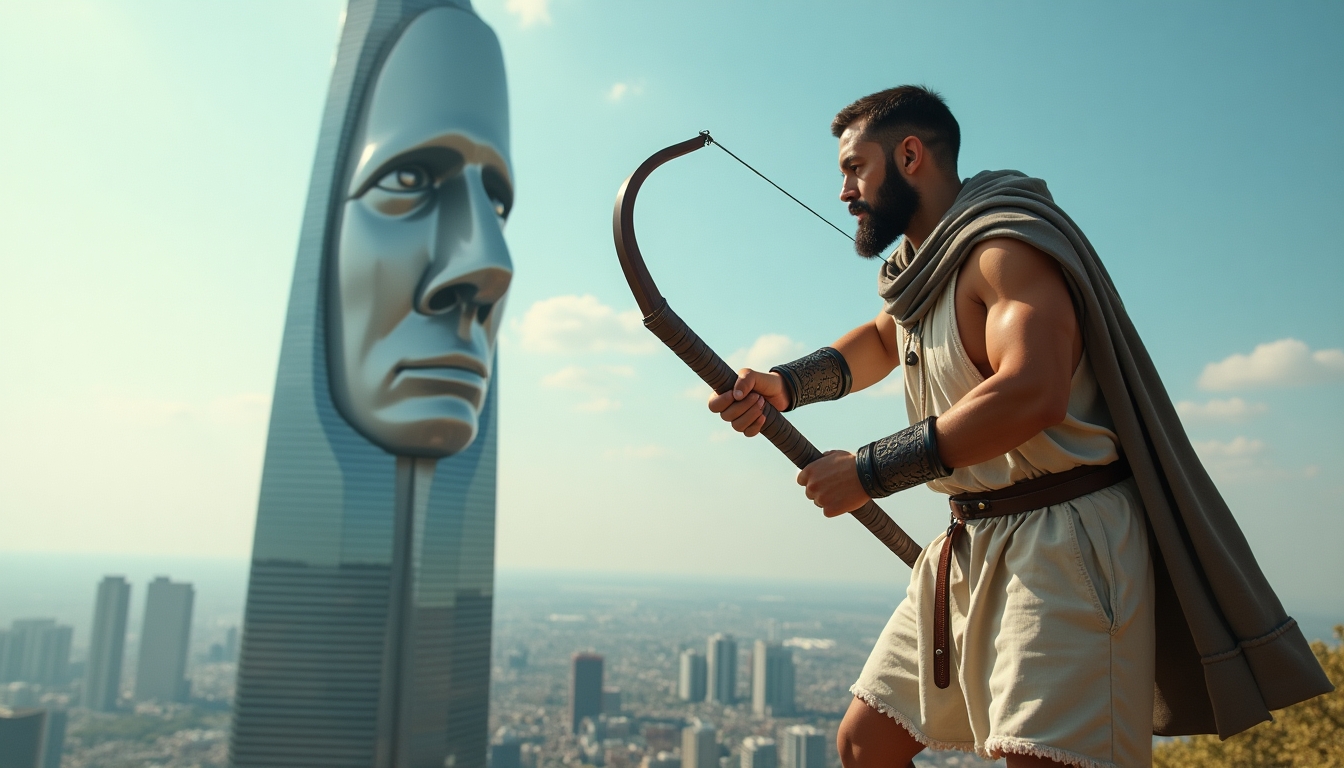 Visualize David in modern times, wearing casual clothes, confronting Goliath, depicted as a skyscraper with a human face. David is equipped with a digital slingshot, symbolizing technology's power. The background features a futuristic cityscape