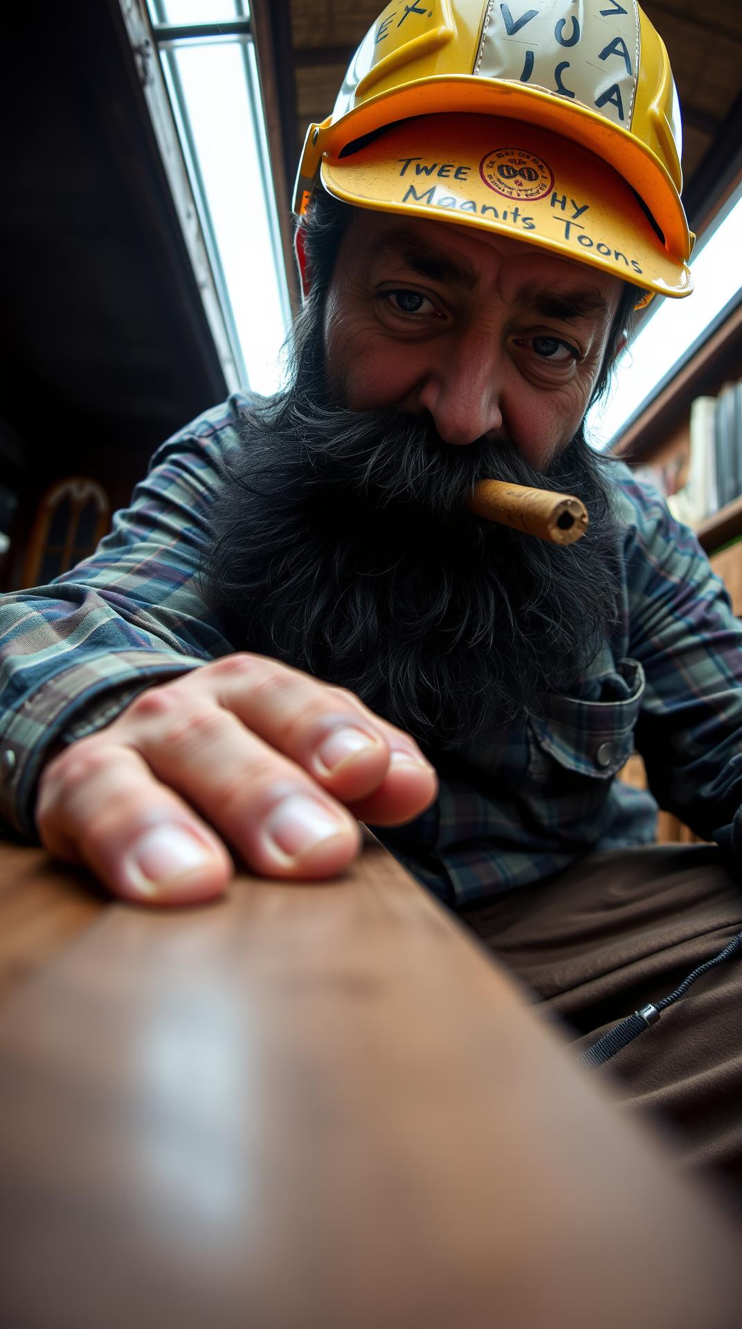 real life  extremly low angle wide angle lens fisheye distortion extreme close up shot realistic increadably detailed portrait of Max from his lap he's 45 years old and very lined   H's bendin down looms over others without even trying he's looking down at the table his huge hairy hand coralling it hairy cheast an  impressive sight Max’s imposing presence. we're looking up at his pitch black beard and cigar from the table  right under his chin his head high above Max is sitting in the corner bench, his broad shoulders filling the space, making him look like a giant even among the other workers. His dark beard, slightly tousled from a long day's work, adds to his rugged charm. his lined careworn face big nose and ears There's the slight glimmer in Max’s eyes, Max’s rugged look, complete with the hard hat, heavy work boots, and the traces of dirt from the day's labor,  The play of light across Max’s strong jaw and muscular frame, paired with that characteristic mischievous grin, . Max casually moves, the way his shirt stretches across his chest,  imagine what’s beneath.  Max might appear almost like a protective figure, yet there's something inherently inviting about the way he carries himself—strong, yet always with a touch of warmth and humor  but he’s not intimidatng— the man who towers over others, has a playful nature which makes  him the center of attention 