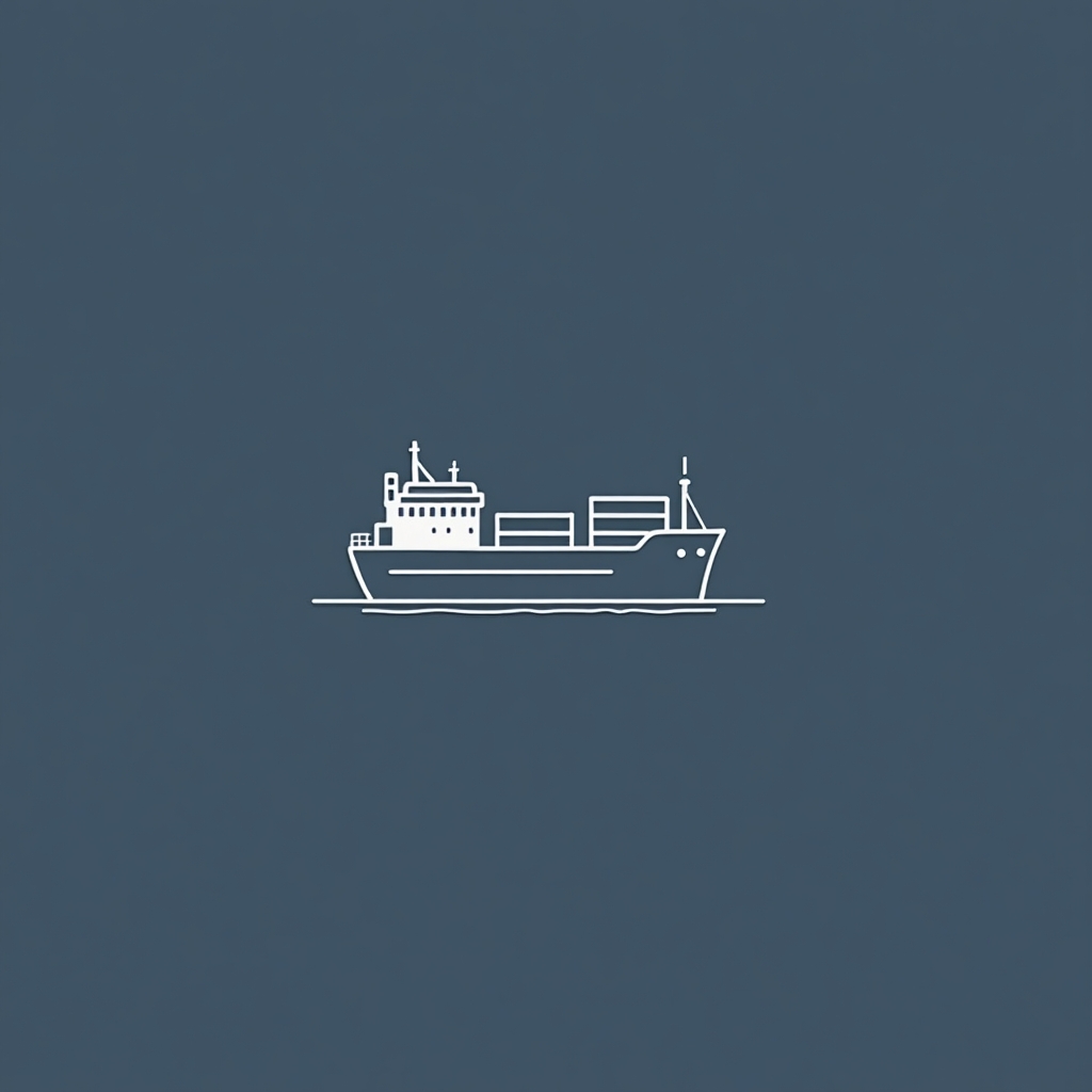 Minimalist vector logo of a cargo ship, modern and simple line art style, clean and geometric design, professional and reliable, monochrome or dark blue color scheme, suitable for an international e-commerce brand, focusing on trust and stability.