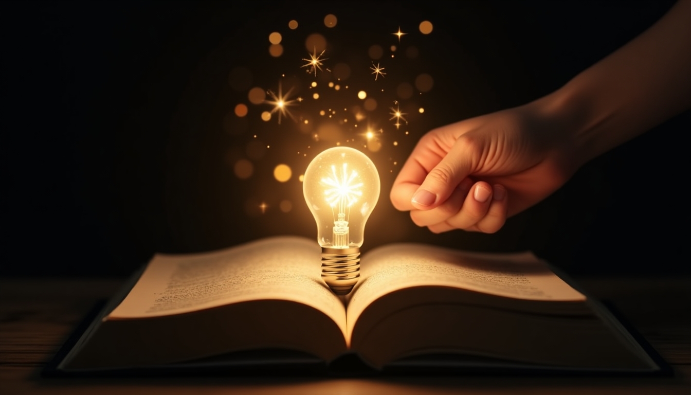 Create an image that depicts a glowing light bulb emerging from an open book, with a hand gently touching the light bulb. The background should be dark to emphasize the light, with sparks and light rays emanating from the bulb to symbolize inspiration and knowledge. The scene should evoke a sense of wonder, creativity, and the power of ideas coming to life through reading