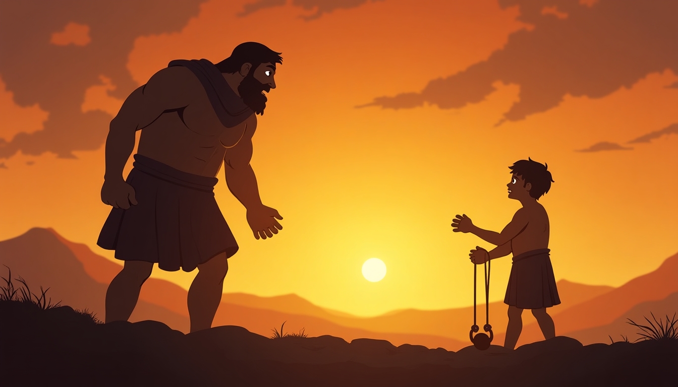 Depict David, a small but determined figure, standing confidently before the towering giant Goliath, who looks surprised. David holds a sling with a stone ready to launch. The setting is a dramatic sunset, casting long shadows that emphasize the size difference and the tension of the moment.