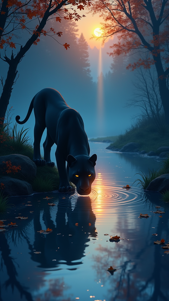 Studio Ghibli masterpiece, a lion, drinking from stream, autumnal Greenland twilight, cool blues, purples, oranges, reds, yellows, single ray of sunlight illuminating water, panther's form silhouetted against the light, soulful eyes reflecting the sunbeam, delicate ripples, fallen leaves, mist, serenity, mystery, magical realism, evocative
