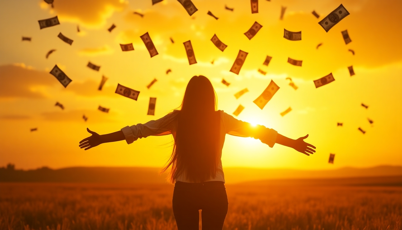 Create a stunning image of a person standing with arms outstretched, celebrating in a field during a golden sunset. The person is silhouetted against the vibrant sky, with a cascade of golden currency notes raining down around them, symbolizing prosperity and abundance. The scene should evoke a sense of freedom, joy, and success