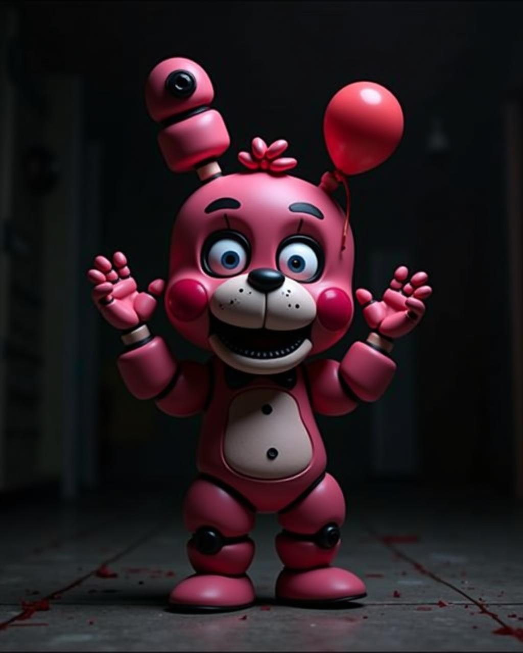 JJ is a small, toy-like animatronic with a pinkish-red color scheme, large round eyes, and a balloon on her head. She has no weapons, just a mischievous stance. Her pose is playful, with her hands raised. The background is dark, typical of the eerie setting in Five Nights at Freddy's, with dim lighting and shadows casting a creepy atmosphere.

