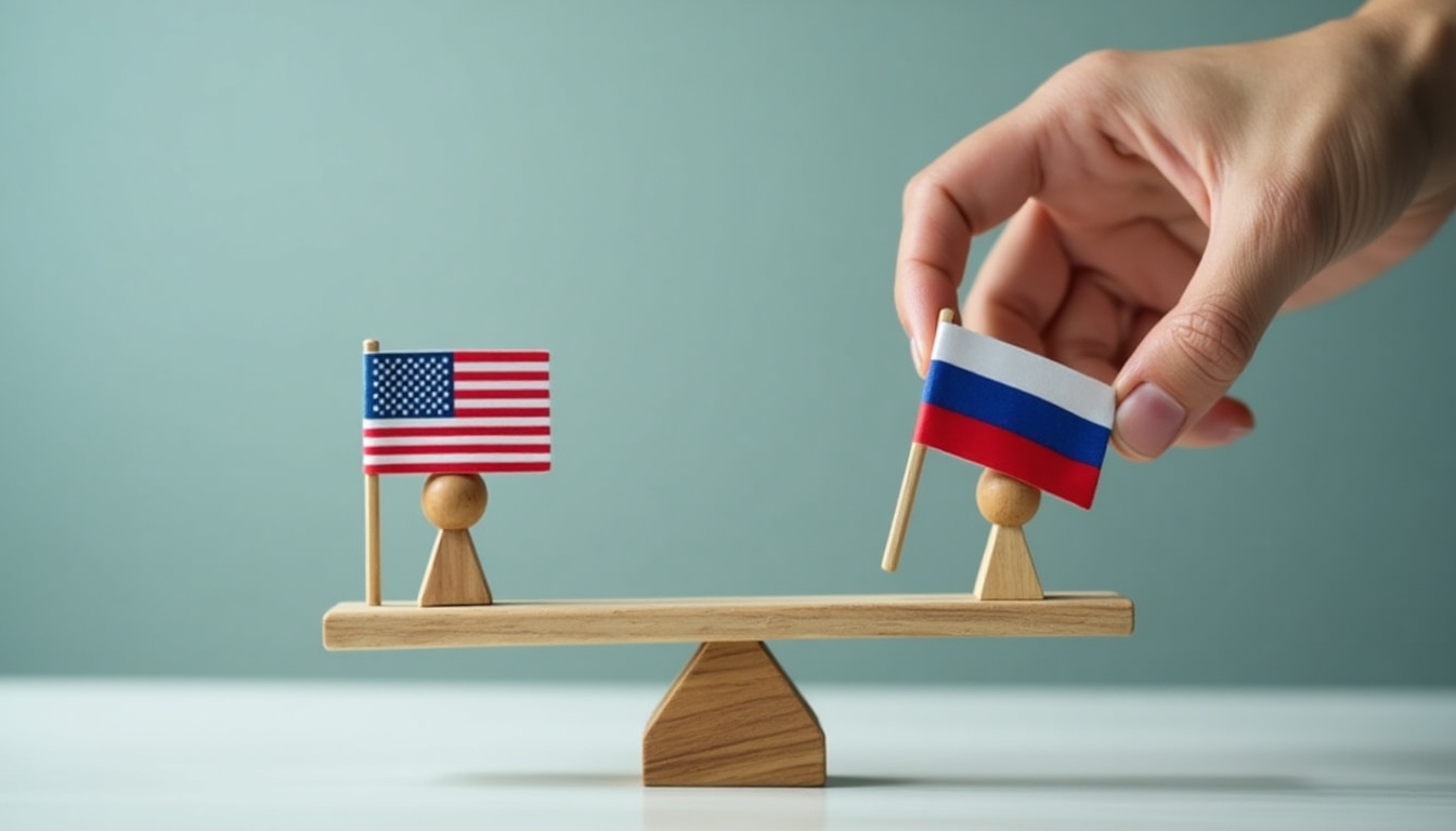 Create an image of a balance scale with wooden figures representing people. On one side of the scale, place the American flag, and on the other side, place the Russian flag. Show a hand subtly tipping the scale to one side to depict a subtle imbalance or influence