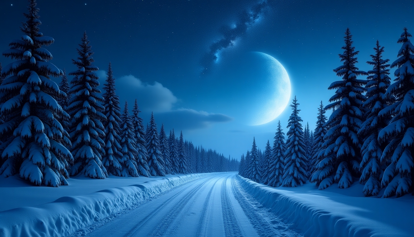 "Create a breathtaking winter night scene with a winding road leading through a forest of snow-covered evergreen trees. The sky should be a deep, starry blue with a prominent crescent moon illuminating the scene. Enhance the Milky Way's presence to add a magical touch, with stars twinkling brightly. The snow should glisten under the moonlight, creating a serene yet mystical atmosphere. The image should evoke a sense of peace and wonder, capturing the beauty of a quiet, snowy night in a remote forest